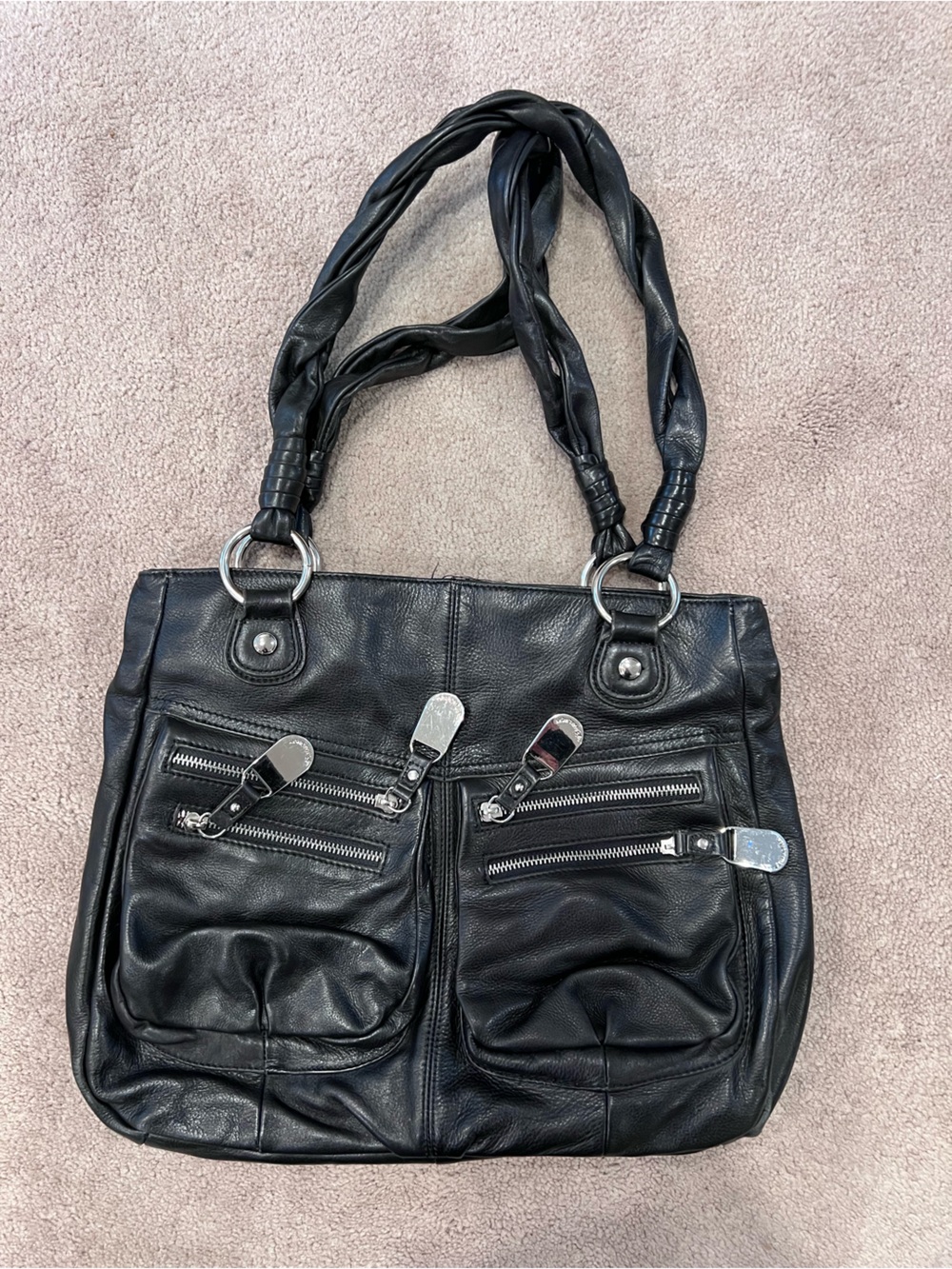 B. Makowsky Black Leather Tote with Dual Front Zip Pockets